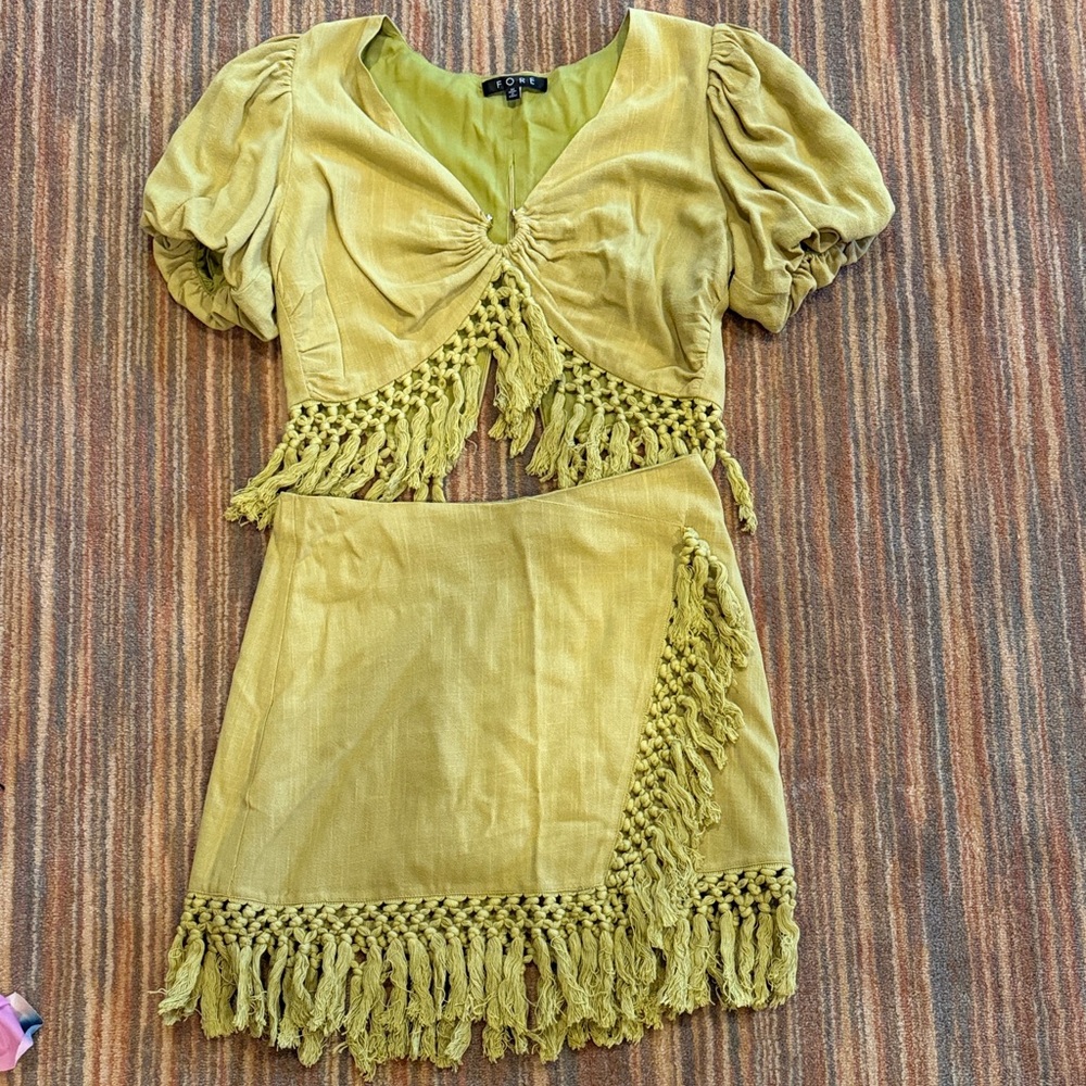 Vici Olive Fringe Mini Skirt Set